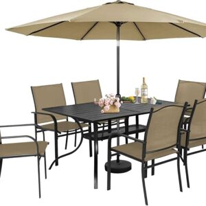 Incbruce 8 Pieces Patio Dining Set with Brown Umbrella, Outdoor Dining Set of 6 Textilene Chairs and Rectangle Table with Umbrella Hole for Backyard, Garden, and Poolside (Brown)