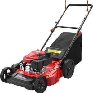 PowerSmart EasyGlide 21-Inch Gas Lawn Mower, 144cc 4-Stroke OHV Engine, Push Walk-Behind, 3-in-1 Mulch/Bag/Side Discharge, Steel Deck, 6 Height Adjustment